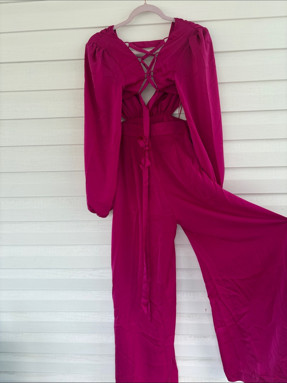 NWT AKIRA Hot Pink Satin Jumpsuit with Lace-Up Back Glam Wide Leg Statement - Picture 11 of 16
